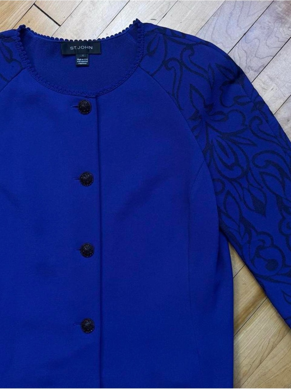 St. John Collection Floral Jacquard Sleeve Knit Cardigan Cobalt Blue Womens 12